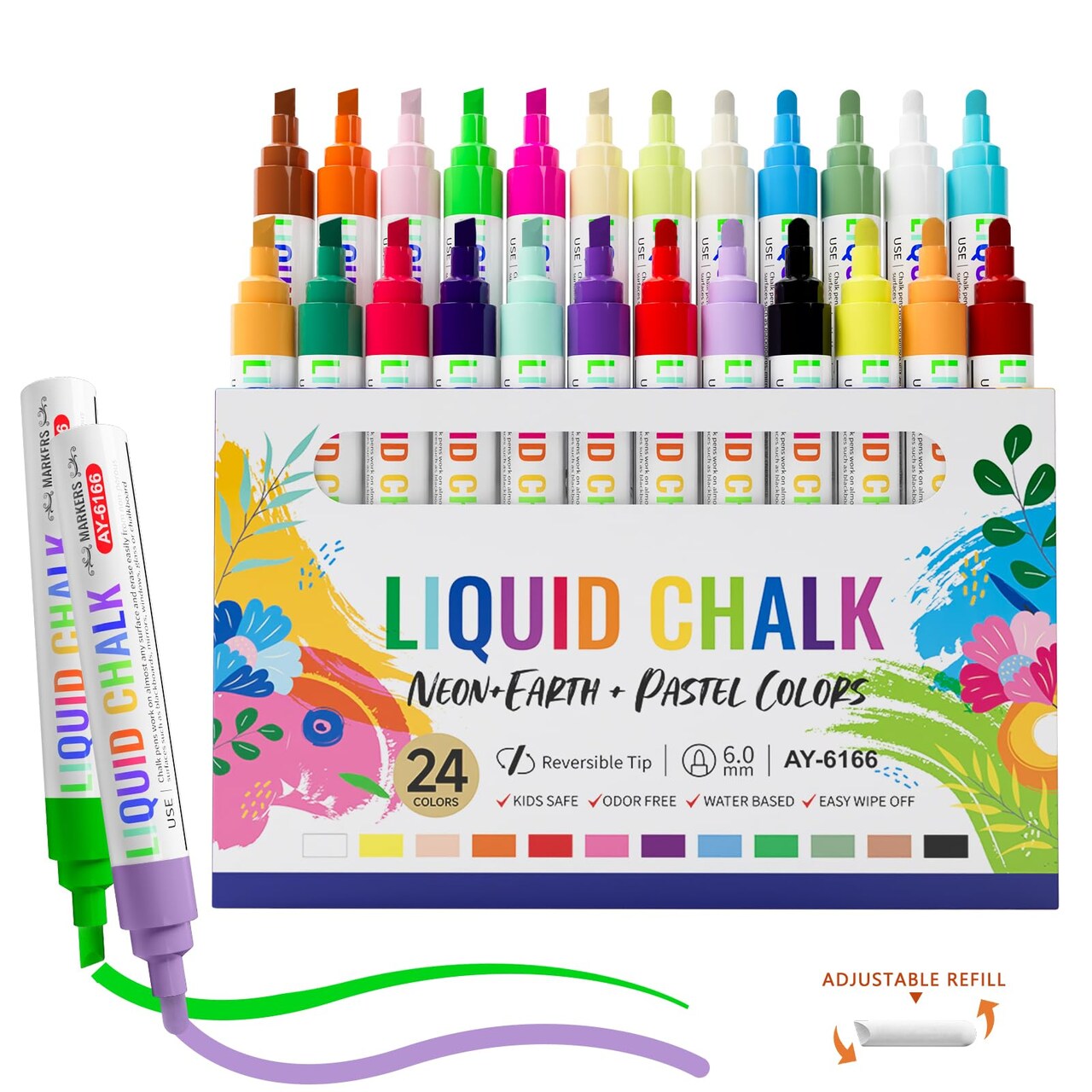 Chalk Markers (Neon+Pastel) 24 Colors Erasable with Bullet/Chisel Reversible Tips, Liquid Drawing Chalk Pens for Blackboard, Chalkboard, Whiteboard, Calendar, Cars, Window, Glass, Mirror